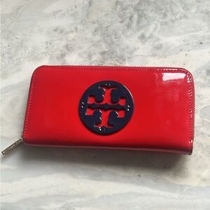 Authentic Tory Burch Red Patent Leather Wallet with logo in navy blue